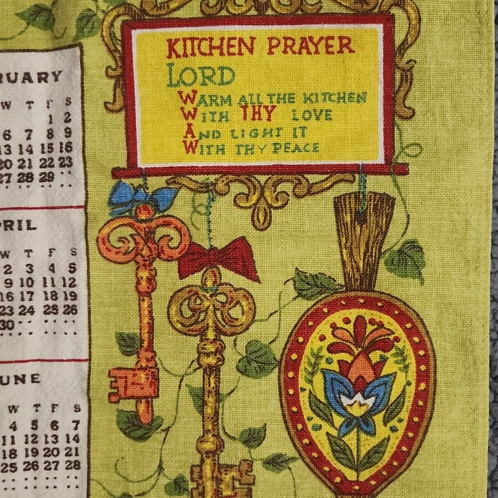 Vintage 1980 Calendar Kitchen Prayer Tea Towel Light Green